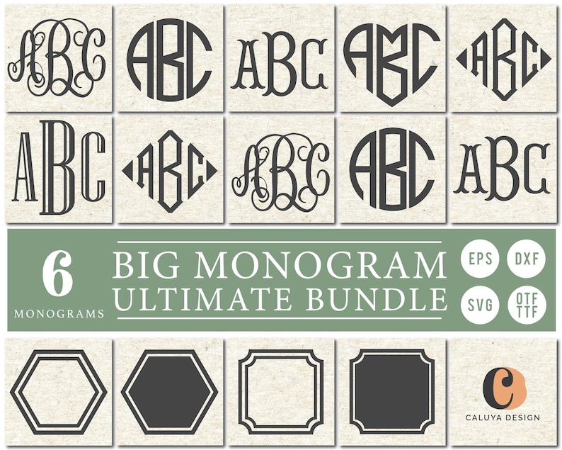 May include: A collection of monogram designs in various styles, including circular, diamond, and heart shapes. The image features the text "6 BIG MONOGRAM ULTIMATE BUNDLE" and file type icons. The designs are in black on a beige background.