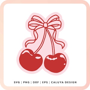 May include: Two red cherries with a red bow tied around their stems. The cherries are outlined in black and have a glossy finish.