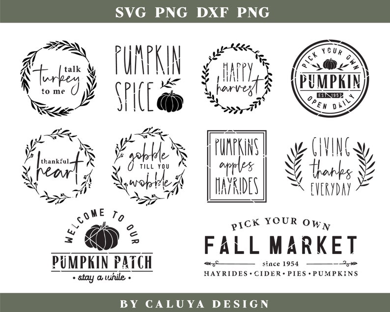 K&ouml;nnte beinhalten: Schwarz-wei&szlig;e Grafikdesigns f&uuml;r Herbst- und Herbstthemen. Die Designs beinhalten S&auml;tze wie "Pumpkin Spice", "Happy Harvest", "Gobble Till You Wobble", "Giving Thanks Everyday" und "Welcome to Our Pumpkin Patch".