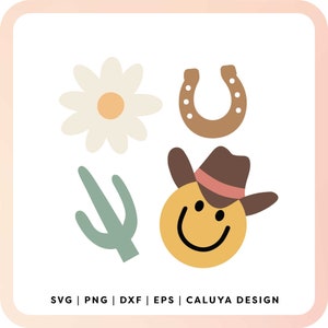 Retro Western Smiley Face SVG | Groovy Cowboy Design SVG, Retro Cowgirl svg, Horse Shoe svg, Cactus svg, Groovy Western Sublimation Design