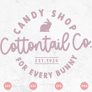 May include: Pink and white logo design for a candy shop called "Cottontail Co. for Every Bunny" with a bunny silhouette and the text "Est. 1934".