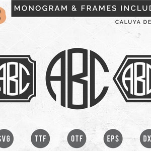 Könnte beinhalten: Drei verschiedene Monogramm-Designs mit den Buchstaben "ABC" in einem Kreis. Das erste Design ist in einem quadratischen Rahmen, das zweite ist ein Kreis und das dritte ist in einem sechseckigen Rahmen. Der Text "MONOGAM & FRAMES INCLUDED" und "CALUYA DESIGN" befindet sich oben im Bild. Der Text "SVG, TTF, OTF, EPS, DXF" befindet sich unten im Bild.
