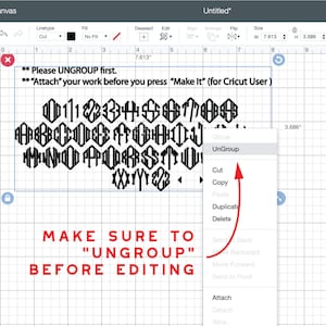 May include: A digital design interface displays a monogram alphabet in a black font. Instructions in red text advise to ungroup the design before editing. The image includes a menu with the "Ungroup" option highlighted.