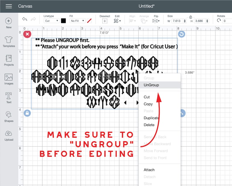May include: A digital design interface displays a monogram alphabet in a black font. Instructions in red text advise to ungroup the design before editing. The image includes a menu with the "Ungroup" option highlighted.