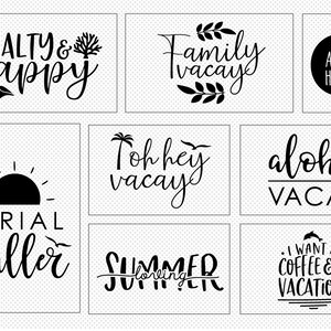 K&ouml;nnte beinhalten: Neun schwarz-wei&szlig;e Illustrationen mit Text zum Thema Sommerurlaub. Der Text beinhaltet "Salty & happy", "Family vacay", "Aqua holic", "Oh hey vacay", "Aloha vacay", "Serial chiller", "Summer loving" und "I want a coffee & a vacation".