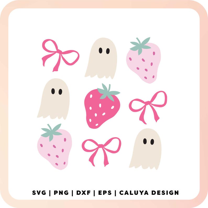 Puede incluir: Un dise&ntilde;o caprichoso con ilustraciones de fresas rosas, fantasmas de color beige claro y lazos rosas. El dise&ntilde;o incluye el texto "SVG | PNG | DXF | EPS | CALUYA DESIGN" en la parte inferior, sobre un fondo blanco con un borde rosa.