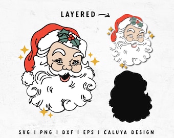 May include: A layered digital design of a smiling Santa Claus with a red hat, white beard, and a holly sprig. The design includes a black and white silhouette of Santa Claus and a white outline of Santa Claus with gold stars.