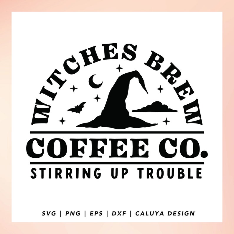 May include: Black and white logo design for a coffee shop called "Witches Brew Coffee Co." with the tagline "Stirring Up Trouble". The logo features a witch's hat, a crescent moon, stars, and a bat.