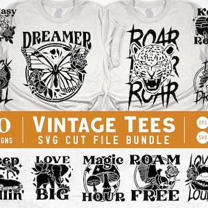 May include: A set of 10 vintage tee designs featuring various illustrations and text. The designs include a butterfly, a roaring leopard, a skull, a car, an elephant, a mushroom, a bird, and a mouth. The text includes "Easy Tiger", "Rock Roll", "Dreamer", "Roar", "Keep Rollin'", "Love Big", "Magic Hour", "Roam Free", and "Love is Louder".
