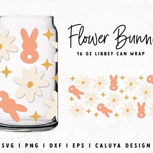 May include: A digital design for a 16 ounce can wrap featuring a pattern of pink bunnies, white daisies, and gold stars. The text "Flower Bunny" is at the top of the design.