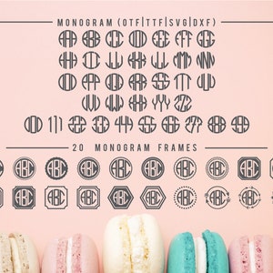 May include: A digital design featuring various monogram frames and letter combinations in a dark gray color. The text "MONOGRAM (OTF|TTF|SVG|DXF)" and "20 MONOGRAM FRAMES" are displayed above and below the designs, respectively. The background is a light pink color.