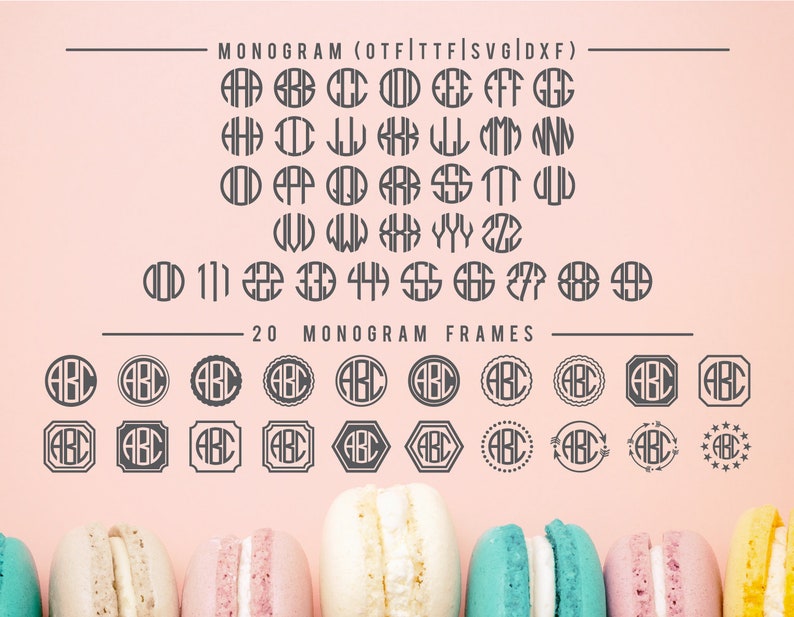 May include: A digital design featuring various monogram frames and letter combinations in a dark gray color. The text "MONOGRAM (OTF|TTF|SVG|DXF)" and "20 MONOGRAM FRAMES" are displayed above and below the designs, respectively. The background is a light pink color.