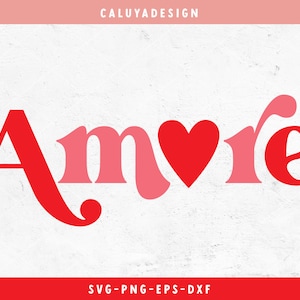 May include: A red and pink graphic design with the word "Amore" in a stylized font. A red heart is in the middle of the word.