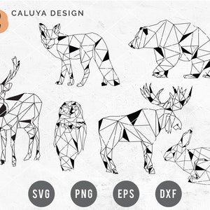 Puede incluir: Diseños geométricos de líneas de un ciervo, un zorro, un oso, un búho, un alce y un conejo. Los animales están todos en un estilo geométrico en blanco y negro.