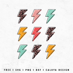 May include: Nine lightning bolt designs in various colours, including yellow, pink, blue, and a leopard print pattern. The lightning bolts are outlined in black.