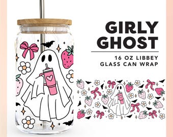 Halloween 16oz Libbey Can Wrap SVG | Girl Ghost SVG | Ghost Cup Wrap SVG | Stanley Ghost svg | Coquette Girly Ghost Sublimation png, svg