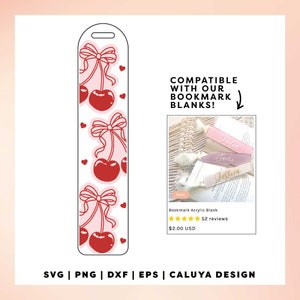 Bookmark Template SVG | Coquette Cherry Bow SVG | Book Lover SVG | Printable Bookmark svg | Girly Bow svg | Cute Ribbon svg | Sublimation