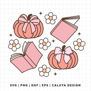 May include: A digital design featuring two pink pumpkins with bows, two pink books, and white flowers. The design is on a white background with a grid pattern.