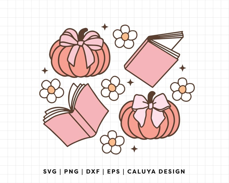 May include: A digital design featuring two pink pumpkins with bows, two pink books, and white flowers. The design is on a white background with a grid pattern.