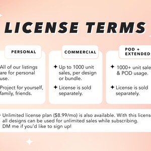 Peut inclure: Un graphique rose et blanc avec le texte "LICENSE TERMS" en noir. Le graphique pr&eacute;sente trois options de licence diff&eacute;rentes pour les produits num&eacute;riques&nbsp;: Personnel, Commercial et POD + Extended. Chaque option &eacute;num&egrave;re les termes et conditions d&rsquo;utilisation des produits num&eacute;riques.