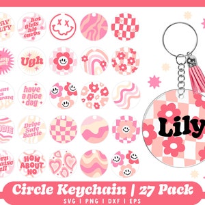 Pode incluir: Um conjunto de 27 designs de chaveiros circulares em rosa e branco. Os designs apresentam vários padrões, incluindo xadrez, floral e linhas onduladas. Os chaveiros também incluem texto como "Stay Salty", "Hot Girls Hit Curbs", "Ugh", "Fluent in Awkward", "Drive Safe Bestie", "How About No", e "Born to Raise Hell".