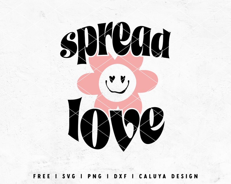 May include: Black and white graphic design with the text "spread love" in a retro font. A pink flower with a smiley face and heart eyes is in the center of the design.