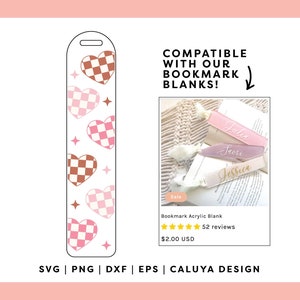 May include: A digital download of a bookmark design featuring a pink, brown, and white checkered heart pattern. The design is compatible with our bookmark blanks. The image also shows three personalized bookmarks with the names Julia, Saori, and Jessica.
