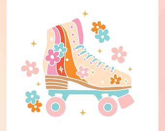 Puede incluir: Un patín de ruedas de colores con un diseño de arcoíris y detalles florales. El patín tiene una combinación de colores rosa claro, naranja y azul. Las ruedas son rosas y azules.