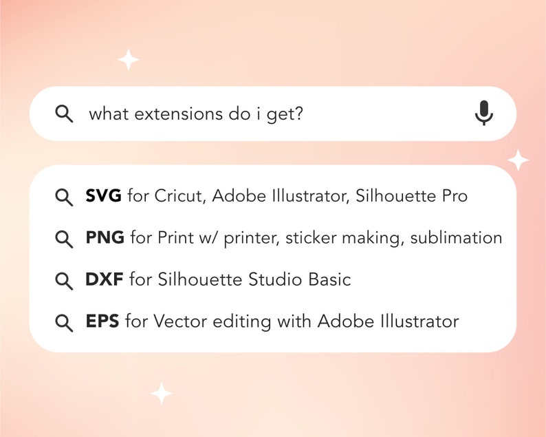 Puede incluir: Una lista de extensiones de archivo que se utilizan com&uacute;nmente para proyectos de dise&ntilde;o digital, incluidos SVG, PNG, DXF y EPS. La lista incluye descripciones de cada tipo de archivo y sus usos t&iacute;picos.