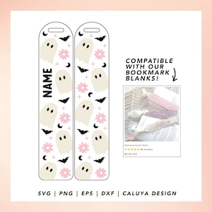 Könnte beinhalten: Zwei druckbare Lesezeichen-Designs mit einem Geist, Fledermäusen, Sternen und Blumen. Die Designs sind kompatibel mit Acryl-Lesezeichen-Rohlingen. Der Text "NAME" ist auf dem linken Design enthalten. Der Text "COMPATIBLE WITH OUR BOOKMARK BLANKS!" ist auf dem rechten Design enthalten.