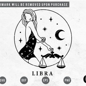 May include: Black and white line art illustration of a Libra zodiac sign. The illustration features a woman holding a scale, a crescent moon, and stars. The word "LIBRA" is written below the illustration.
