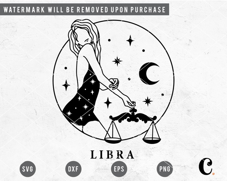 May include: Black and white line art illustration of a Libra zodiac sign. The illustration features a woman holding a scale, a crescent moon, and stars. The word "LIBRA" is written below the illustration.