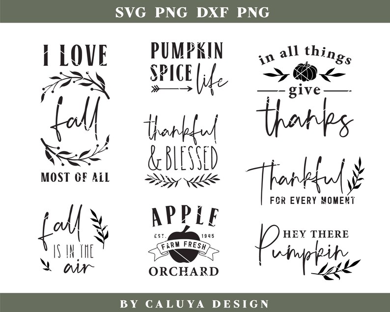 K&ouml;nnte beinhalten: Ein Set mit 9 schwarzen und wei&szlig;en SVG-Schnittdateien mit Herbst- und Thanksgiving-Motiven. Die Designs beinhalten "Ich liebe Herbst am meisten", "Pumpkin Spice Life", "In allem Dankbarkeit", "Dankbar und gesegnet", "Herbst liegt in der Luft", "Dankbar f&uuml;r jeden Moment", "Hey, K&uuml;rbis", und "Apfel-Bauernhof frisch Obstgarten".