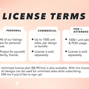 May include: A graphic with the words "LICENSE TERMS" in black. The image is divided into three sections: "PERSONAL", "COMMERCIAL", and "POD + EXTENDED", each detailing license usage terms. The background is a gradient of pink and white.
