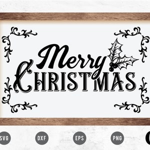 Puede incluir: Diseño gráfico en blanco y negro con el texto "Merry Christmas" y una rama de acebo con bayas. El diseño está enmarcado en un marco de madera marrón.