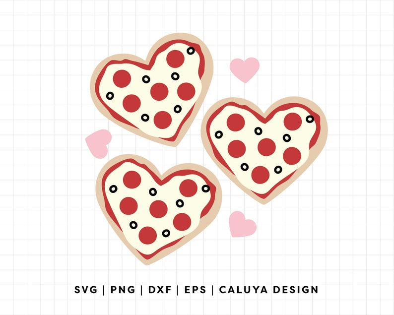 Puede incluir: Tres pizzas en forma de coraz&oacute;n con pepperoni y aceitunas negras. Las pizzas est&aacute;n sobre un fondo blanco con un patr&oacute;n de cuadr&iacute;cula.