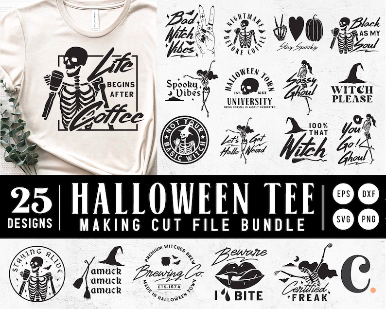 May include: A set of 25 Halloween-themed digital cut files for crafting and design. The designs feature skeletons, witches, and spooky sayings. The files are available in EPS, DXF, SVG, and PNG formats.