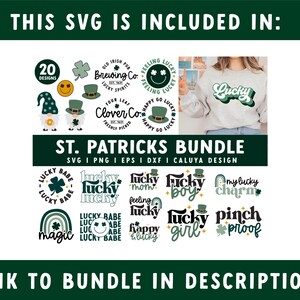 May include: A digital download bundle of 20 St. Patrick's Day SVG designs featuring shamrocks, leprechauns, and the text "Lucky" in various styles. The designs are perfect for creating crafts, shirts, and other projects.