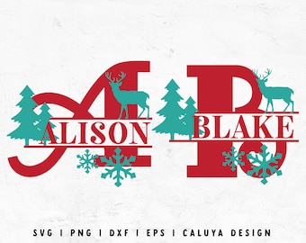 May include: Red Christmas-themed split monogram with the letters A and B. The letters are decorated with pine trees and reindeer. The name Alison is written below the letter A and the name Blake is written below the letter B.