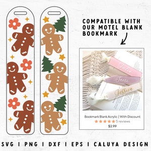 Könnte beinhalten: Zwei digitale Designs für ein Lebkuchenmann-förmiges Lesezeichen. Die Designs zeigen Lebkuchenmänner, Weihnachtsbäume und Sterne in Braun, Orange, Grün und Gelb. Der Text "KOMPATIBEL MIT UNSEREM MOTEL BLANK BOOKMARK" ist ebenfalls enthalten.