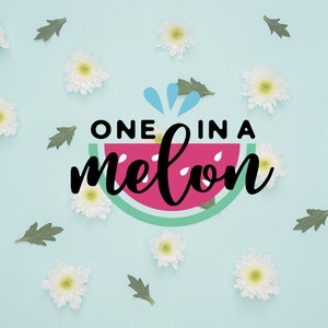May include: A light blue background with white flowers and green leaves scattered around the text "ONE IN A melon" with a watermelon graphic.
