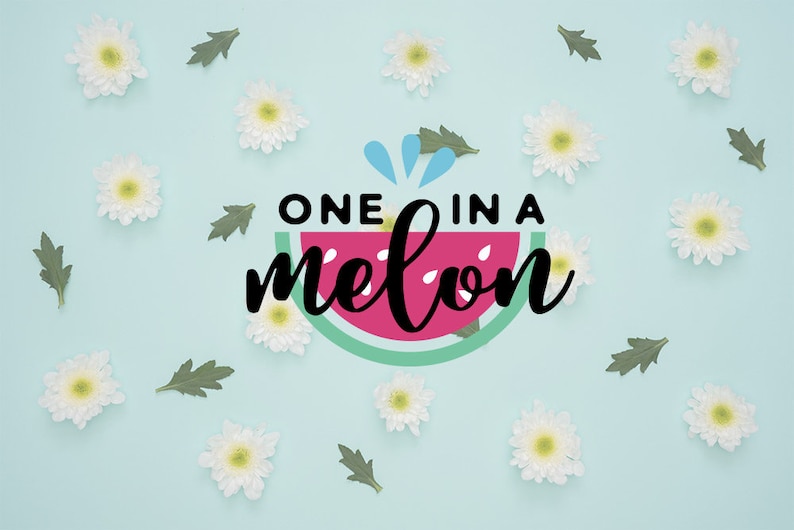 May include: A light blue background with white flowers and green leaves scattered around the text "ONE IN A melon" with a watermelon graphic.