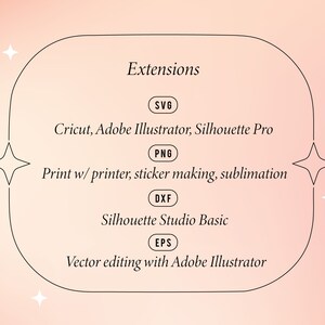 May include: A graphic with a pink background and a white outline of a circle. The text "Extensions" is at the top of the circle. Inside the circle, the text "SVG, Cricut, Adobe Illustrator, Silhouette Pro, PNG, Print w/ printer, sticker making, sublimation, DXF, Silhouette Studio Basic, EPS, Vector editing with Adobe Illustrator" is listed in a column.