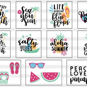 May include: A set of 12 summer-themed digital designs featuring text and illustrations. The designs include phrases like "Sea you soon", "Life is better in flip flops", "Aloha Summer", and "Peace Love & Pineapple".