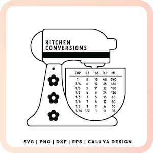 May include: Black and white illustration of a kitchen mixer with a chart of kitchen conversions. The chart shows the conversion of cups to ounces, tablespoons, teaspoons, and milliliters.
