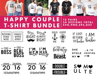 Happy Couple T-shirt Making SVG Cut File Bundle Deal | Cut File for Cricut & Cameo Silhouette | Quote DXF Cut File |  Matching T-shirt file