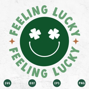 May include: Green circle with a smiling face and shamrock eyes. The text "Feeling Lucky" is written around the circle.