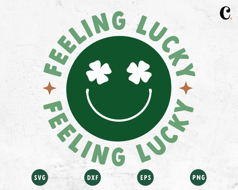 May include: Green circle with a smiling face and shamrock eyes. The text "Feeling Lucky" is written around the circle.