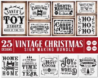 Vintage Christmas Sign Making SVG Bundle For Cricut, Cameo Silhouette | Holiday Sign Cuttable File Design | Kitchen Christmas Sign SVG