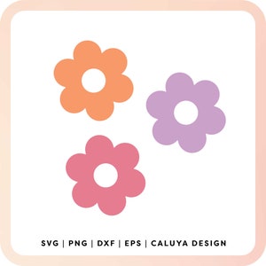 May include: Three stylized flower shapes in orange, purple, and pink. The flowers have six petals and a white circle in the center.